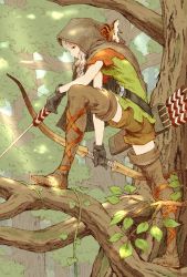 Rule 34 | 1girl, archery, arrow (projectile), belt, black gloves, boots, bow (weapon), braid, branch, breasts, brown cloak, brown shorts, cloak, dragon&#039;s crown, elf (dragon&#039;s crown), full body, gloves, green tunic, grey hair, highres, holding, holding arrow, holding bow (weapon), holding weapon, hood, hood up, in tree, leaf, leg ribbon, leg up, long hair, looking to the side, outdoors, petite, plant, quiver, ribbon, shinichi kobe, short shorts, shorts, small breasts, solo, squirrel, thigh boots, tree, twin braids, vanillaware, vines, weapon