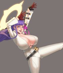 Rule 34 | 1girl, absurdres, arms up, backlighting, belt, belt buckle, black gloves, breasts, buckle, cleavage, commentary, spiked halo, cosplay, english commentary, falling, fate/extra, fate/extra ccc, fate (series), gloves, grey background, guilty gear, guilty gear xrd, halo, highres, huge breasts, jack-o&#039; valentine, jack-o&#039; valentine (cosplay), jumpsuit, lips, lolisakuya, long hair, looking at viewer, loose belt, navel, no bra, nose, open mouth, passionlip (fate), pink eyes, pink lips, plunging neckline, purple hair, red gloves, smile, solo, two-tone gloves, white jumpsuit