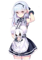 Rule 34 | 1girl, anchor, apron, azur lane, breasts, cowboy shot, dido (azur lane), doll, tucking hair, hairband, large breasts, long hair, looking at viewer, red eyes, rin2008, simple background, solo, thighhighs, waist apron, white background, white hair, zettai ryouiki