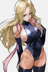 Rule 34 | 1girl, absurdres, bad id, bad twitter id, bare shoulders, black leotard, black thighhighs, bleach, blonde hair, breasts, bridal gauntlets, commentary request, cosplay, covered collarbone, grey background, hand up, heattech leotard, highleg, highleg leotard, highres, leotard, lips, long hair, matsumoto rangiku, medium breasts, mole, mole under mouth, parted lips, shihouin yoruichi, shihouin yoruichi (cosplay), shiny clothes, shiny skin, simple background, skin tight, sleeveless, solo, standing, strapless, strapless leotard, thighhighs, turtleneck, yoshio (55level)