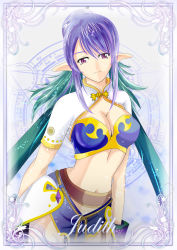 Rule 34 | 00s, 1girl, bad id, bad pixiv id, blue hair, breasts, character name, cleavage, highres, judith (tales), large breasts, long hair, midriff, navel, pointy ears, purlchite, purple eyes, smile, solo, tales of (series), tales of vesperia, twintails