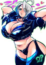 Rule 34 | 1girl, angel (kof), bra, breasts, chaps, cleavage, commentary request, cropped jacket, fingerless gloves, gloves, green eyes, hair over one eye, jacket, kemonono (inchiki dou), large breasts, leather, leather jacket, snk, solo, strapless, strapless bra, the king of fighters, the king of fighters 2001, the king of fighters xiv, translation request, underwear