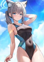 Rule 34 | 1girl, animal ear fluff, animal ears, bare arms, bare shoulders, blue archive, blue eyes, blush, breasts, cat ears, closed mouth, collarbone, commentary, covered navel, cross hair ornament, grey hair, hair ornament, halo, highleg, highleg swimsuit, izumi akane, large breasts, looking at viewer, medium hair, outdoors, shiroko (blue archive), shiroko (swimsuit) (blue archive), sky, solo, swimsuit, two-tone swimsuit, wet