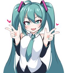 Rule 34 | 1girl, :d, ahoge, bare shoulders, black skirt, black sleeves, breasts, collared shirt, commentary request, detached sleeves, double w, glowing, green eyes, green hair, green nails, green necktie, hair between eyes, hair ornament, hands up, hatsune miku, heart, highres, kirisame mia, long hair, long sleeves, looking at viewer, nail polish, necktie, open mouth, shirt, sidelocks, simple background, skirt, sleeveless, sleeveless shirt, small breasts, smile, solo, twintails, very long hair, vocaloid, w, white background, white shirt