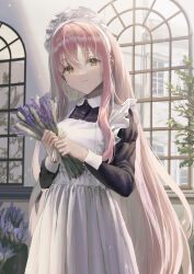 Rule 34 | 1girl, absurdres, apron, eyes visible through hair, flower, highres, holding, holding flower, indoors, long hair, looking at viewer, maid, maid apron, maid headdress, nao toyooooo, original, pink hair, purple flower, sidelocks, smile, solo, standing, upper body, very long hair, yellow eyes