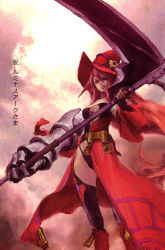 Rule 34 | 1girl, bare shoulders, boots, breasts, hat, long hair, luminous arc, red hair, red hat, scythe, solo, standing, text focus, vanessa (luminous arc), weapon, witch