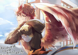Rule 34 | 1boy, absurdres, ahoge, armor, belt, blue belt, blue sky, brown hair, brown wings, cloud, cloudy sky, colored eyelashes, commentary request, feathered wings, fingerless gloves, floating clothes, from side, gloves, granblue fantasy, hair between eyes, hand on own cheek, hand on own face, highres, hood, hood down, kana (251373), light smile, looking at viewer, looking back, looking outside, male focus, messy hair, open window, parted lips, sandalphon (granblue fantasy), short hair, shoulder armor, signature, sky, translation request, twitter username, upper body, window, wings, yellow eyes
