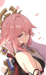 Rule 34 | 1girl, absurdres, animal ears, breasts, closed mouth, czk, detached sleeves, earrings, expressionless, falling petals, from above, genshin impact, hair between eyes, highres, japanese clothes, jewelry, large breasts, long hair, petals, pink hair, purple eyes, simple background, sleeveless, solo, upper body, white background, yae miko