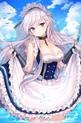 Rule 34 | 1girl, absurdres, apron, arm guards, azur lane, bad id, bad pixiv id, belfast (azur lane), bird, blue eyes, blue sky, blush, braid, breasts, chain, cleavage, closed mouth, clothes lift, cloud, collar, collarbone, corset, day, dress, dress lift, french braid, frilled gloves, frills, gloves, head tilt, highres, large breasts, lifting own clothes, long hair, looking at viewer, maid, maid headdress, outdoors, sidelocks, silver hair, sky, smile, solo, tokkyu, wading, water drop, wet, white gloves