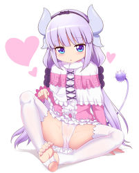 Rule 34 | 10s, 1girl, barefoot, blue eyes, caibao return, capelet, clothes lift, commentary request, dragon girl, dragon horns, dragon tail, eyebrows, feet, hair bobbles, hair ornament, hairband, heart, heart-shaped pupils, highres, horns, indian style, kanna kamui, kobayashi-san chi no maidragon, lifting own clothes, light purple hair, looking at viewer, low twintails, panties, pantyshot, parted lips, sitting, skirt, skirt lift, soles, solo, symbol-shaped pupils, tail, thighhighs, toe scrunch, toeless legwear, toes, twintails, underwear, white background, white panties, white thighhighs