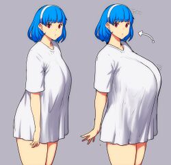 Rule 34 | 1girl, absurdres, blue hair, breasts, erkaz, highres, huge breasts, leaning forward, looking at viewer, multiple views, no pants, original, parted lips, red eyes, rina atherina, shirt, white shirt