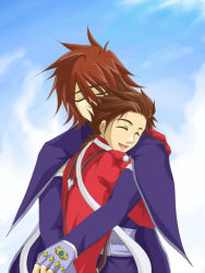 Rule 34 | 00s, age difference, brown hair, closed eyes, father and son, fingerless gloves, gloves, hug, kratos aurion, lloyd irving, short hair, sky, smile, tales of (series), tales of symphonia
