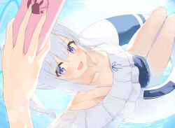 Rule 34 | 1girl, absurdres, armpits, bare shoulders, blue archive, blue hair, blue halo, blue one-piece swimsuit, blush, casual one-piece swimsuit, cellphone, collarbone, commentary request, foreshortening, frilled one-piece swimsuit, frills, hair between eyes, halo, highres, holding, holding phone, innertube, light blue hair, long hair, looking at viewer, miyako (blue archive), miyako (swimsuit) (blue archive), official alternate costume, official alternate hairstyle, on innertube, one-piece swimsuit, open mouth, partial commentary, phone, ponytail, purple eyes, selfie, sideways, smartphone, smile, solo, swim ring, swimming, swimsuit, tomu (tom 309k), white innertube
