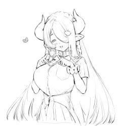 Rule 34 | 1girl, blush, bow, bowtie, breasts, closed mouth, clothes around waist, collared shirt, commentary, cropped torso, demon horns, draph, granblue fantasy, greyscale, hair over one eye, hands on own chest, heart, heart hands, highres, horns, jacket, jacket around waist, large breasts, long hair, monochrome, narmaya (granblue fantasy), olys, open mouth, pointy ears, scrunchie, shirt, short sleeves, sidelocks, sketch, skirt, solo, symbol-only commentary, very long hair, wrist scrunchie