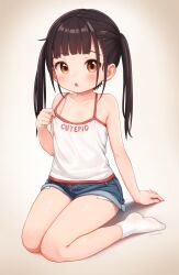Rule 34 | 1girl, blush, breasts, brown eyes, brown hair, camisole, comodomodo, denim, denim shorts, highres, long hair, no shoes, open mouth, original, short shorts, shorts, sitting, small breasts, socks, solo, thighs, twintails, white camisole, white socks
