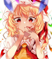 Rule 34 | 1girl, ascot, blonde hair, blood, blood from mouth, blood on face, blood on hands, blurry, blurry background, blush, character name, commentary, crying, crying with eyes open, crystal, depth of field, flandre scarlet, frilled shirt collar, frilled sleeves, frills, hand on own cheek, hand on own face, hands up, hat, head on hand, head rest, hyaku paasento, looking at viewer, medium hair, mob cap, one side up, parted lips, puffy short sleeves, puffy sleeves, rainbow order, ranguage, red eyes, red ribbon, red vest, ribbon, shirt, short sleeves, sidelocks, simple background, solo, tears, touhou, upper body, vest, white background, white shirt, wings, yellow ascot