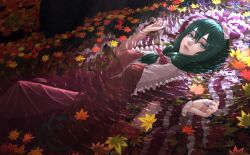 Rule 34 | 1girl, absurdres, afloat leaves, aqua eyes, autumn leaves, belph, bow, breasts, cleavage, commentary, dress, frilled ribbon, frills, front ponytail, green hair, hair bow, highres, kagiyama hina, leaf, light smile, looking at viewer, lying, maple leaf, medium breasts, on back, ophelia (painting), partially submerged, red bow, red dress, red ribbon, ribbon, ripples, solo, touhou, water