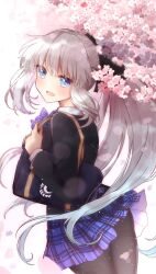 Rule 34 | 1girl, alternate costume, bag, black bow, black jacket, black pantyhose, blue bow, blue bowtie, blue eyes, blue skirt, bow, bowtie, chaldea logo, cherry blossoms, commentary request, fate/grand order, fate (series), floating hair, flower, grey hair, hair bow, highres, jacket, long hair, long sleeves, looking at viewer, miniskirt, morgan le fay (fate), open mouth, pantyhose, pink flower, plaid, plaid bow, plaid bowtie, plaid skirt, pleated skirt, ponytail, re re9315, school bag, school uniform, short hair, sidelocks, skirt, smile, solo, thighs, uniform, very short hair