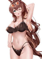 absurdres animal_ears arm_up armpits bikini black_bikini breasts brown_hair cameltoe cleavage collarbone commentary_request eyewear_on_head frilled_bikini frills hair_between_eyes hair_intakes halterneck highleg highleg_bikini highres horse_ears horse_tail large_breasts long_hair looking_at_viewer maruzensky_(blasting_off_summer_night)_(umamusume) maruzensky_(umamusume) multi-strapped_bikini navel open_mouth simple_background skindentation sunglasses swimsuit tail umamusume user_wadm5455 very_long_hair wavy_hair white_background