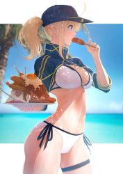 Rule 34 | 1girl, ahoge, artoria pendragon (fate), baseball cap, beach, bikini, blonde hair, blue eyes, blue sky, breasts, commentary request, corn dog, cowboy shot, curry, curvy, day, eating, egg (food), fate/grand order, fate (series), food, food in mouth, fried chicken, fried egg, hat, highres, holding, holding food, imizu (nitro unknown), jacket, karaage, ketchup, large breasts, long hair, mysterious heroine x (fate), mysterious heroine xx (fate), navel, ocean, palm tree, plate, ponytail, rice, shiny skin, shrimp, shrimp tempura, side-tie bikini bottom, sidelocks, sky, solo, swimsuit, tempura, thigh strap, tree, upper body