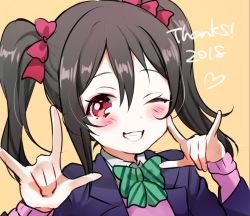 Rule 34 | 10s, 1girl, 2018, 299 (horisso), black hair, blazer, blush, bow, bowtie, cardigan, commentary request, double m/, english text, green neckwear, grin, hair bow, hands up, heart, jacket, long sleeves, looking at viewer, love live!, love live! school idol project, m/, new year, nico nico nii, one eye closed, orange background, otonokizaka school uniform, pink cardigan, red bow, red eyes, school uniform, simple background, smile, solo, striped bow, striped bowtie, striped clothes, striped neckwear, thank you, twintails, upper body, yazawa nico