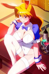 Rule 34 | 1girl, blonde hair, blue eyes, blush, breasts, champagne bottle, christine garland, cleavage, cocktail glass, cup, drink, drinking glass, indoors, knee up, large breasts, leotard, long hair, non-web source, official art, on table, photoshop (medium), playboy bunny, shiny skin, short sleeves, shrug (clothing), sitting, smile, solo, strapless, strapless leotard, super real mahjong, table, tanaka ryou, thighhighs, tray, white leotard, wine glass, wrist cuffs