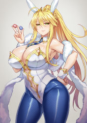 Rule 34 | 1girl, ahoge, animal ears, artoria pendragon (all), artoria pendragon (fate), artoria pendragon (swimsuit ruler) (fate), between fingers, blonde hair, blue necktie, blue pantyhose, breasts, bright pupils, center opening, cleavage, closed mouth, clothing cutout, covered erect nipples, cowboy shot, crown, detached collar, fake animal ears, fate/grand order, fate (series), female focus, fishnet pantyhose, fishnets, gold trim, green eyes, grey background, hair between eyes, hand on own hip, highres, holding, huge breasts, leotard, light smile, long hair, looking at viewer, navel, navel cutout, necktie, pantyhose, playboy bunny, poker chip, ponytail, rabbit ears, sidelocks, simple background, solo, thighs, very long hair, wrist cuffs, zhen lu