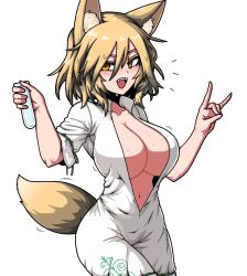 Rule 34 | 1girl, alternate breast size, animal ear fluff, animal ears, blonde hair, blush, breasts, corked bottle, cowboy shot, finger touching, formicid, fox ears, fox girl, fox shadow puppet, fox tail, green ribbon, holding, holding test tube, jaggy lines, jumpsuit, kudamaki tsukasa, large breasts, navel, onesie, open clothes, open mouth, ribbon, romper, sharp teeth, short hair, simple background, solo, sweat, tail, teeth, test tube, touhou, white background, white jumpsuit, yellow eyes
