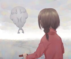 Rule 34 | 1girl, bicycle, braid, brown hair, cloud, cloudy sky, commentary, depressionist47, empty eyes, flying, fog, from behind, hair over shoulder, hands up, haze, holding, horizon, long hair, long sleeves, looking up, low twintails, madotsuki, monster, outdoors, pink sweater, riding, riding bicycle, sky, solo, sweater, takofuusen, turtleneck, turtleneck sweater, twin braids, twintails, upper body, white eyes, white sky, yume nikki
