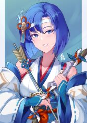 Rule 34 | 1girl, arrow (projectile), blue background, blue eyes, blue hair, bow (weapon), breasts, catria (fire emblem), catria (winds offered) (fire emblem), detached sleeves, feather hair ornament, feathers, fire emblem, fire emblem: mystery of the emblem, fire emblem: shadow dragon and the blade of light, fire emblem heroes, grin, hair ornament, headband, highres, japanese clothes, long sleeves, looking at viewer, medium breasts, nintendo, official alternate costume, revolverwing, short hair, smile, solo, upper body, weapon, wide sleeves