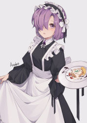 Rule 34 | 1girl, :|, alternate costume, apron, blush, closed mouth, fate/grand order, fate (series), food, frills, hair over one eye, highres, holding, holding plate, looking at viewer, maid, maid apron, maid headdress, mash kyrielight, plate, purple eyes, purple hair, short hair, solo, suyi-j, waist apron, waitress