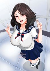 Rule 34 | 1girl, amsal samuel, artist name, black footwear, black skirt, blush, bra visible through clothes, breasts, double v, hands up, highres, large breasts, looking at viewer, one eye closed, open mouth, pleated skirt, real life, red eyes, rinrin marinka, school uniform, serafuku, shadow, shirt, shoes, short sleeves, skirt, smile, solo, thighhighs, v, white shirt, white thighhighs