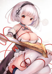 1girl azur_lane bare_shoulders black_hairband blue_footwear blush breasts brown_dress cisyo cleavage closed_mouth collarbone commentary_request detached_sleeves dress gradient_background grey_background hairband heart high_heels highres holding holding_sword holding_weapon large_breasts looking_at_viewer puffy_short_sleeves puffy_sleeves red_eyes red_ribbon ribbon shoes short_hair short_sleeves signature simple_background sirius_(azur_lane) solo spoken_heart striped_clothes striped_hairband sword thighhighs twintails weapon white_background white_hair white_sleeves white_thighhighs