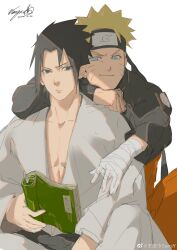 Rule 34 | absurdres, arm on another&#039;s shoulder, bandaged hand, bandages, belt, black belt, black eyes, black hair, black headband, black jacket, blonde hair, blue eyes, book, clenched hand, closed mouth, collarbone, commentary, dated, english commentary, frown, hand on another&#039;s arm, headband, highres, holding, holding book, hug, hug from behind, jacket, japanese clothes, jumpsuit, kami off record, kimono, long sleeves, looking at viewer, marking on cheek, naruto, naruto (series), orange jumpsuit, pectoral cleavage, pectorals, short hair, signature, simple background, sitting, smirk, spiked hair, uchiha sasuke, uzumaki naruto, v-shaped eyebrows, watermark, weibo logo, weibo watermark, white background, white kimono, white sleeves, wide sleeves, yaoi