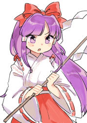 Rule 34 | 1girl, :o, blunt bangs, bow, commentary, detached sleeves, hair bow, hair tubes, hakurei reimu, hakurei reimu (pc-98), highres, holding, japanese clothes, long hair, long sleeves, miko, purple eyes, purple hair, red bow, red skirt, sasa kichi, simple background, skirt, solo, touhou, touhou (pc-98), upper body, white background, wide sleeves