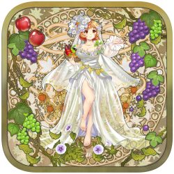 Rule 34 | 1girl, absurdres, aki minoriko, aki minoriko (platinum-white autumn), apple, barefoot, basket, breasts, bridal veil, cleavage, closed mouth, commentary, dress, english commentary, flower, food, fruit, full body, game cg, grapes, hair flower, hair ornament, highres, holding, holding basket, large breasts, leaf, long sleeves, looking at viewer, orange eyes, orange hair, rotte (1109), second-party source, see-through, see-through sleeves, short hair, smile, solo, touhou, touhou lostword, veil, white dress, white flower
