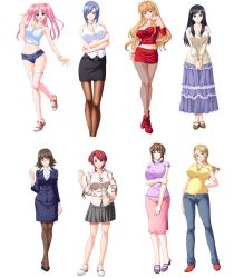 Rule 34 | 6+girls, artist request, blouse, blue eyes, breasts, brown hair, collared shirt, dress, formal, full body, game cg, highres, huge breasts, large breasts, long hair, multiple girls, office lady, pantyhose, pink hair, purple shirt, red eyes, red hair, shirt, short hair, shorts, simple background, skirt, skirt suit, smile, suit, yellow shirt