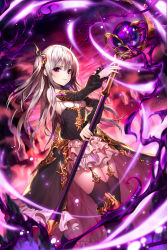 Rule 34 | 1girl, armor, armored boots, black joa, black thighhighs, boots, detached sleeves, highres, holding, holding weapon, long hair, looking at viewer, magic, original, purple eyes, silver hair, skirt, solo, staff, thighhighs, two side up, weapon