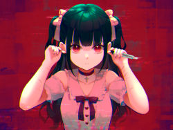 Rule 34 | 1girl, black choker, black hair, bow, bowtie, boxcutter, choker, collarbone, cuts, green hair, grey shirt, hair bow, hands up, heart, highres, holding, holding boxcutter, holding weapon, injury, jirai kei, kamui (kamuikaoru), long hair, nail polish, original, parted lips, pink bow, red background, red bow, red bowtie, red eyes, red nails, self-harm, shirt, solo, teeth, upper body, weapon