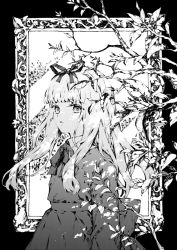 Rule 34 | 1girl, arm at side, blunt bangs, branch, dappled sunlight, dress, expressionless, framed, greyscale, hair ribbon, hairband, leaf, long hair, long sleeves, looking at viewer, monochrome, neck ribbon, official art, parted lips, polly plummer, ribbon, solo, sunlight, tamaki iori, the chronicles of narnia, upper body