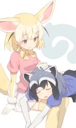 Rule 34 | 10s, :3, animal ears, bad id, bad pixiv id, blonde hair, blush, bow, bowtie, breast pocket, brown eyes, common raccoon (kemono friends), coupon (skyth), closed eyes, fennec (kemono friends), fox ears, fox tail, gloves, gradient hair, grey hair, half-closed eyes, headpat, japari symbol, kemono friends, lap pillow, lying, multicolored hair, on lap, on stomach, open mouth, pleated skirt, pocket, puffy short sleeves, puffy sleeves, raccoon ears, raccoon tail, short hair, short sleeves, simple background, sitting, skirt, sleeping, smile, tail, thighhighs, wavy mouth, white background