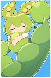 Rule 34 | 1girl, absurdres, beans, blue background, border, closed eyes, commentary, edamame, food, food in mouth, green hair, highres, holding, holding food, konohoshi, oversized food, oversized object, shirt, short sleeves, solo, symbol-only commentary, voicevox, white border, white shirt, zundamon
