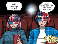 Rule 34 | 1boy, 1girl, 3d glasses, alear (female) (fire emblem), alear (fire emblem), alear (male) (fire emblem), alternate costume, bendy straw, blue hair, blue jacket, blue nails, blue sweater, commentary, crossed bangs, cup, disposable cup, drinking straw, dual persona, english commentary, english text, fingernails, fire emblem, fire emblem engage, food, frown, furrowed brow, hair between eyes, hair intakes, holding, holding cup, jacket, long hair, mnejing30, movie theater, multicolored hair, multicolored nails, nail polish, nintendo, open clothes, open jacket, open mouth, plaid, plaid jacket, popcorn, red hair, red nails, ribbed sweater, shirt, short hair, speech bubble, split-color hair, streaked hair, sweater, teeth, theater seating, turtleneck, turtleneck sweater, two-tone hair, upper teeth only, white shirt