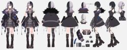 Rule 34 | 1girl, absurdres, asymmetrical legwear, black footwear, character sheet, coat, dress, from behind, from side, fur-trimmed coat, fur trim, grey dress, highres, hololive, hololive english, kayahara, long hair, multicolored hair, off-shoulder coat, off shoulder, official art, second-party source, shiori novella, shiori novella (1st costume), single thighhigh, split-color hair, thighhighs, translation request, two-tone hair, virtual youtuber, yellow eyes, yorick (shiori novella)