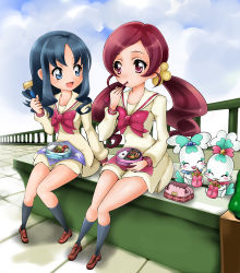 Rule 34 | 1041 (toshikazu), 10s, 2girls, :d, :p, ^ ^, bento, black socks, blue eyes, blue hair, blush, bow, chopsticks, chypre (heartcatch precure!), closed eyes, coffret (heartcatch precure!), eating, eyelashes, food, full body, hair ornament, hairpin, hanasaki tsubomi, happy, heartcatch precure!, kneehighs, kurumi erika, loafers, long hair, mascot, multiple girls, open mouth, perspective, pink bow, pink eyes, precure, red hair, ribbon, rooftop, school uniform, shoes, sitting, skirt, smile, socks, tongue, tongue out, twintails