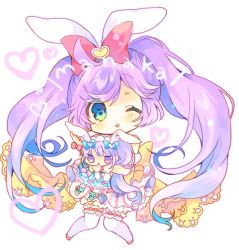 Rule 34 | 1girl, animal ears, bad id, bad twitter id, blush, bow, bridal garter, chibi, commentary request, copyright request, doll, eyes visible through hair, frills, full body, green eyes, hair bow, heart, knees together feet apart, long hair, looking at viewer, nekotorina, one eye closed, parted lips, pastel colors, pink footwear, purple hair, rabbit ears, red bow, shoes, smile, solo, thighhighs, twintails, very long hair, white thighhighs