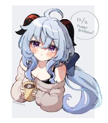 Rule 34 | 1girl, ahoge, alternate costume, black bra, blue hair, blush, border, bow, bra, breasts, brown sweater, commentary, cropped torso, cup, dated, ganyu (genshin impact), genshin impact, goat horns, grey background, hair between eyes, hair bow, happy birthday, highres, holding, holding cup, horns, hot chocolate, long hair, long sleeves, looking at viewer, medium breasts, nanakusa yomogi, ponytail, purple eyes, sidelocks, sleeves past wrists, solo, sweater, underwear, white border