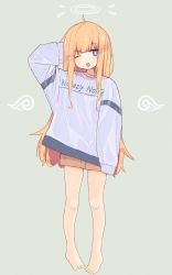 Rule 34 | 1girl, ahoge, alternate costume, barefoot, blonde hair, blue eyes, english text, gabriel dropout, gabriel tenma white, green background, highres, long hair, natuna y, one eye closed, oversized clothes, oversized shirt, shirt, shorts, simple background, solo, sweater, very long hair, white sweater