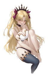 Rule 34 | 1girl, absurdres, anklet, armlet, bandeau, bare arms, bare shoulders, black choker, black thighhighs, blonde hair, breasts, choker, cleavage, commentary request, cosplay, ereshkigal (fate), fate/grand order, fate (series), hair ribbon, highres, ishtar (fate), ishtar (fate) (cosplay), jewelry, large breasts, long hair, looking at viewer, midriff, navel, open mouth, orange eyes, red ribbon, ribbon, shenqi xiao hong zai nali, simple background, single thighhigh, solo, stomach, strapless, thighhighs, tiara, tube top, two side up, very long hair, white background