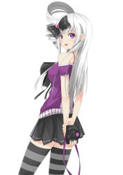 Rule 34 | 1girl, :d, arms behind back, bare shoulders, camera, hair ribbon, long hair, looking at viewer, open mouth, original, purple eyes, ribbon, rizky (strated), side ponytail, silver hair, smile, solo, striped clothes, striped thighhighs, thighhighs